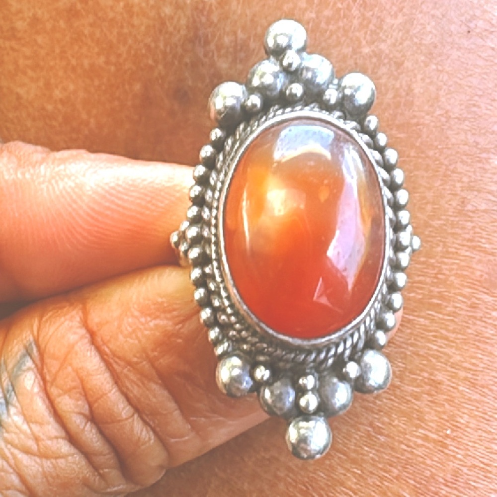 Amber Carnelian agate silver ring